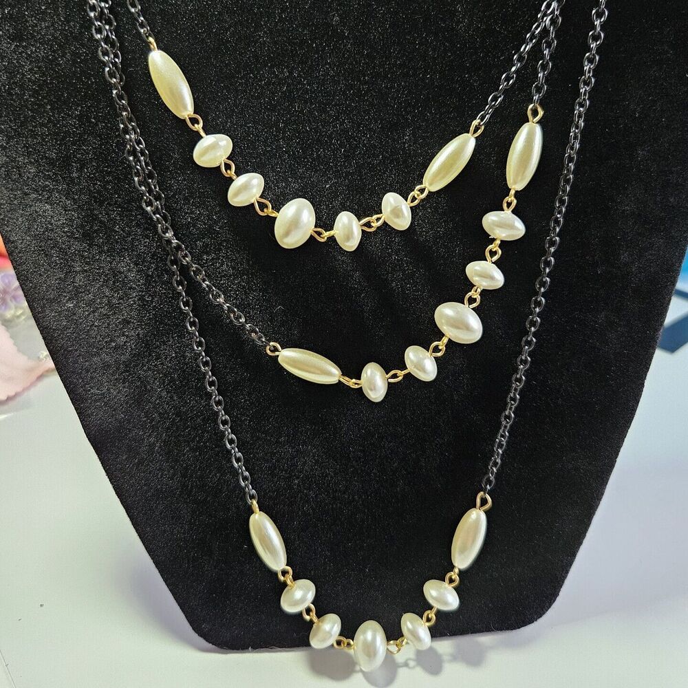 Black And Gold Chain With Cream Faux Pearls Necklace 52"